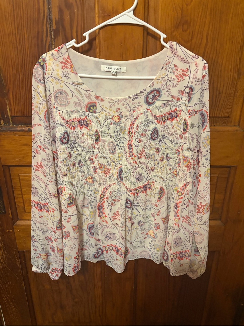 Rose & Olive Soft Pink Paisley Smocked Long-Sleeve Blouse